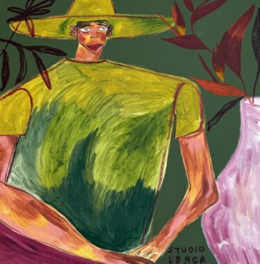 Painting of man in green shirt and hat