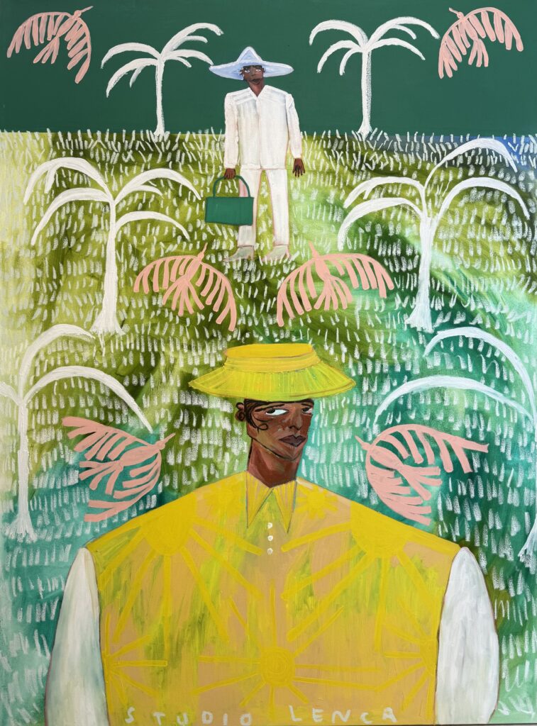 Painting of man with suitcase behind man in yellow shirt. Surrounded by palm trees and green grass