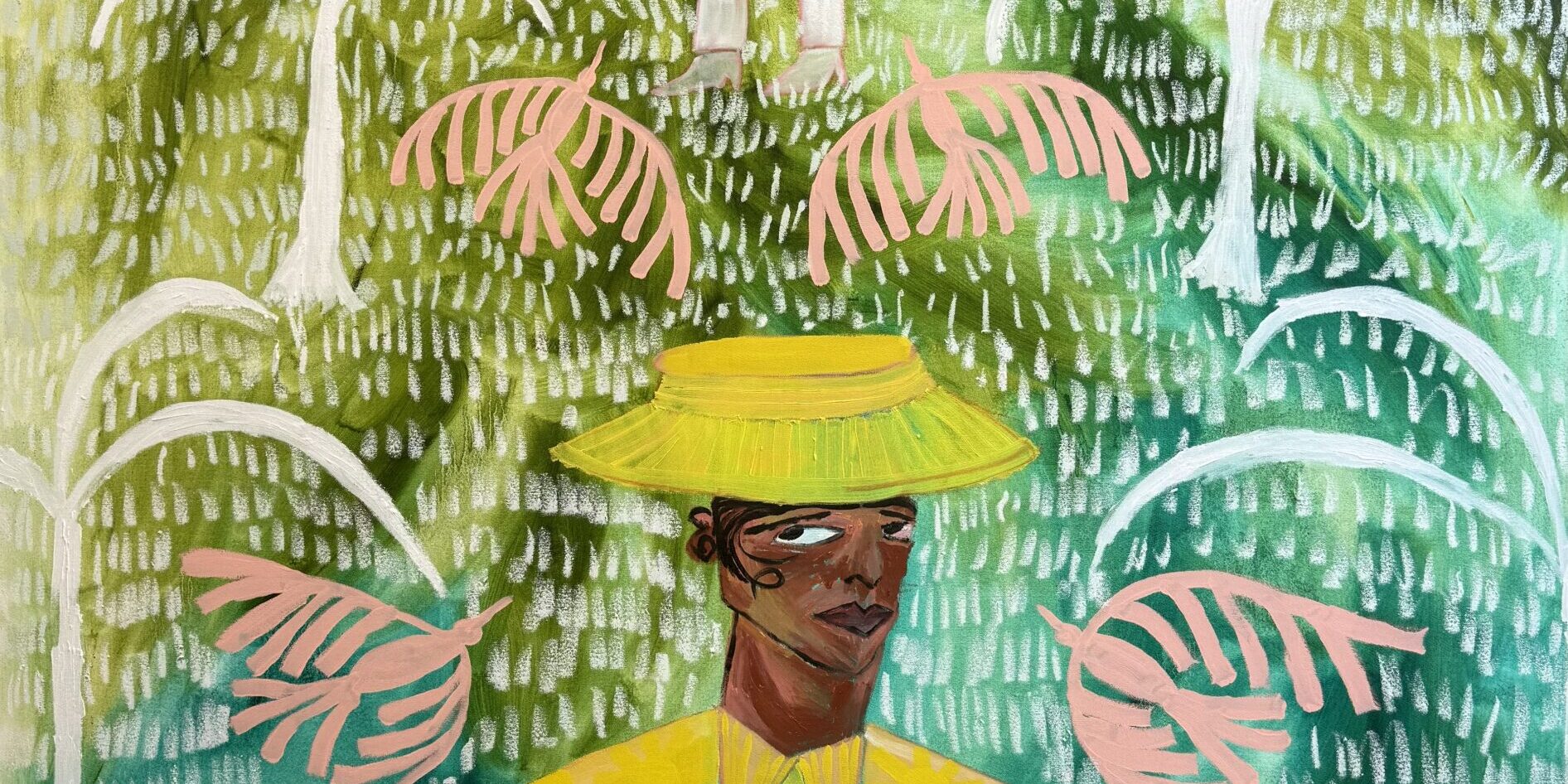 Lago, 2025, Oil and acrylic on canvas, 195cm x 145cm Painting of man with suitcase behind man in yellow shirt. Surrounded by palm trees and green grass