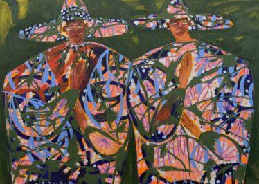 Painting of two men in multicolored outfits