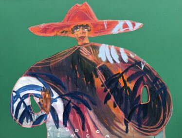 Painting of man in multicolored outfit with green background