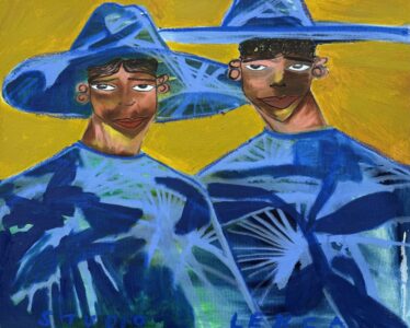 Painting of two smiling men in blue shirts and hat on yellow background