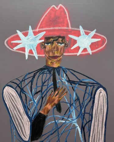 Painting of man with pink hat and hand on chest