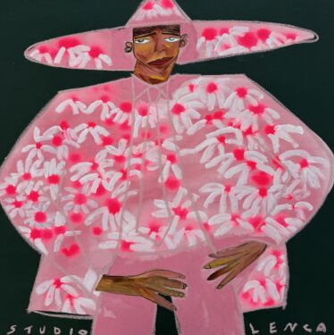Painting of man in pink outfit. His hands are on his hips and he is in front of a black background.